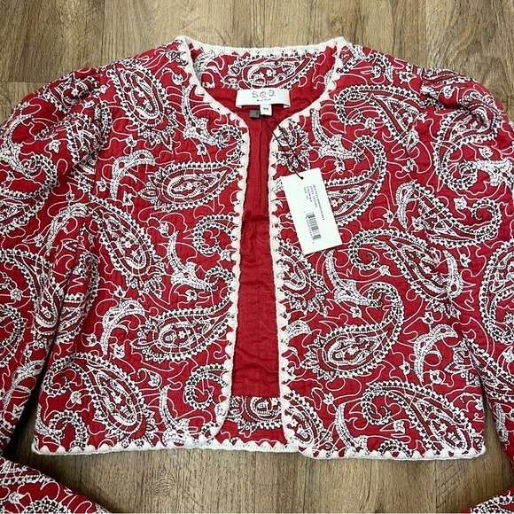 Sea NY Theodora Red Quilted Cropped Jacket Puff‎ Shoulder Paisley - Picture 9 of 12